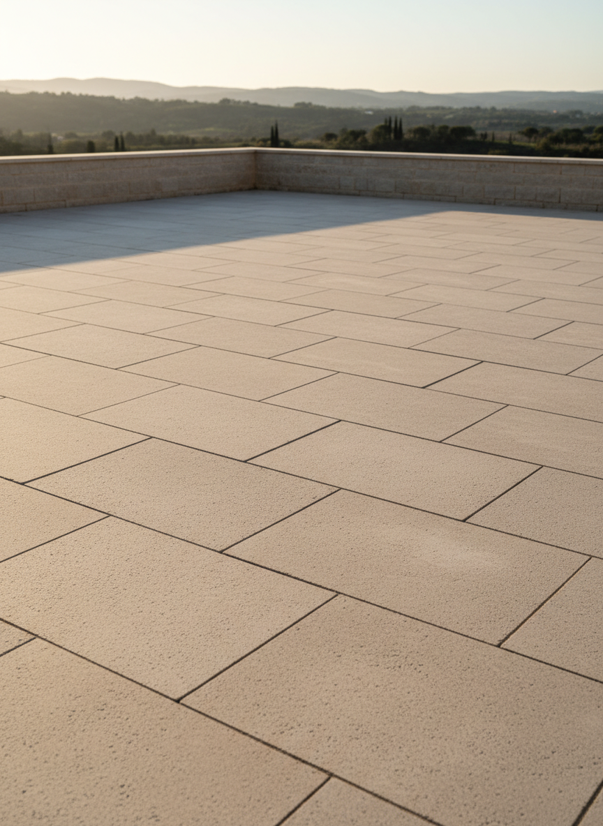 An outdoor terrace fully paved in Taza natural stone, photographed with realistic detail in warm late-afternoon light. The stone modules are large rectangles with a slightly textured, non-slip surface, in a balanced mix of beige and light gray tones. The terrace extends toward a low stone parapet and a blurred natural landscape in the distance, without any furniture. Golden sunlight grazes the surface at a low angle, accentuating micro-textures and casting long, soft shadows along the joints. Captured from a low, diagonal perspective, the mood is warm yet professional, conveying durability, elegance, and suitability for exterior applications.