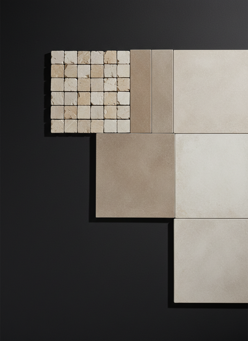 A close-up, photographic realism overhead shot of various cut formats of Taza natural stone—small mosaics, medium rectangles, and large tiles—neatly arranged on a dark, matte background. Each piece shows a distinct tone, from light cream to deeper taupe, with different edge treatments: sharp sawn edges, slightly chamfered edges, and rustic split edges. The composition uses the rule of thirds, leaving negative space for potential text overlay. Soft studio lighting from the top right produces clear yet subtle shadows that help read thickness and texture. The mood is modern, ordered, and informative, perfect for a product formats or catalog section.