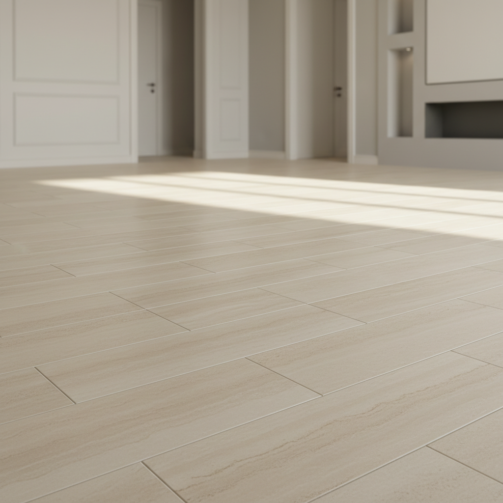 An elegant interior floor in natural Taza stone, large rectangular tiles perfectly aligned, showcasing a creamy beige tone with delicate, linear veining. The floor extends across a minimalist living space with simple, light-colored walls and a few blurred architectural elements in the distance, but no furniture. Afternoon natural light filters through unseen windows, forming wide, soft bands of brightness that glide across the stone, revealing its matte, honed finish. Photographic realism from a low, perspective angle emphasizes the continuity of the floor and precise joints. The mood is calm, refined, and professional, ideal for highlighting premium flooring quality in a business context.