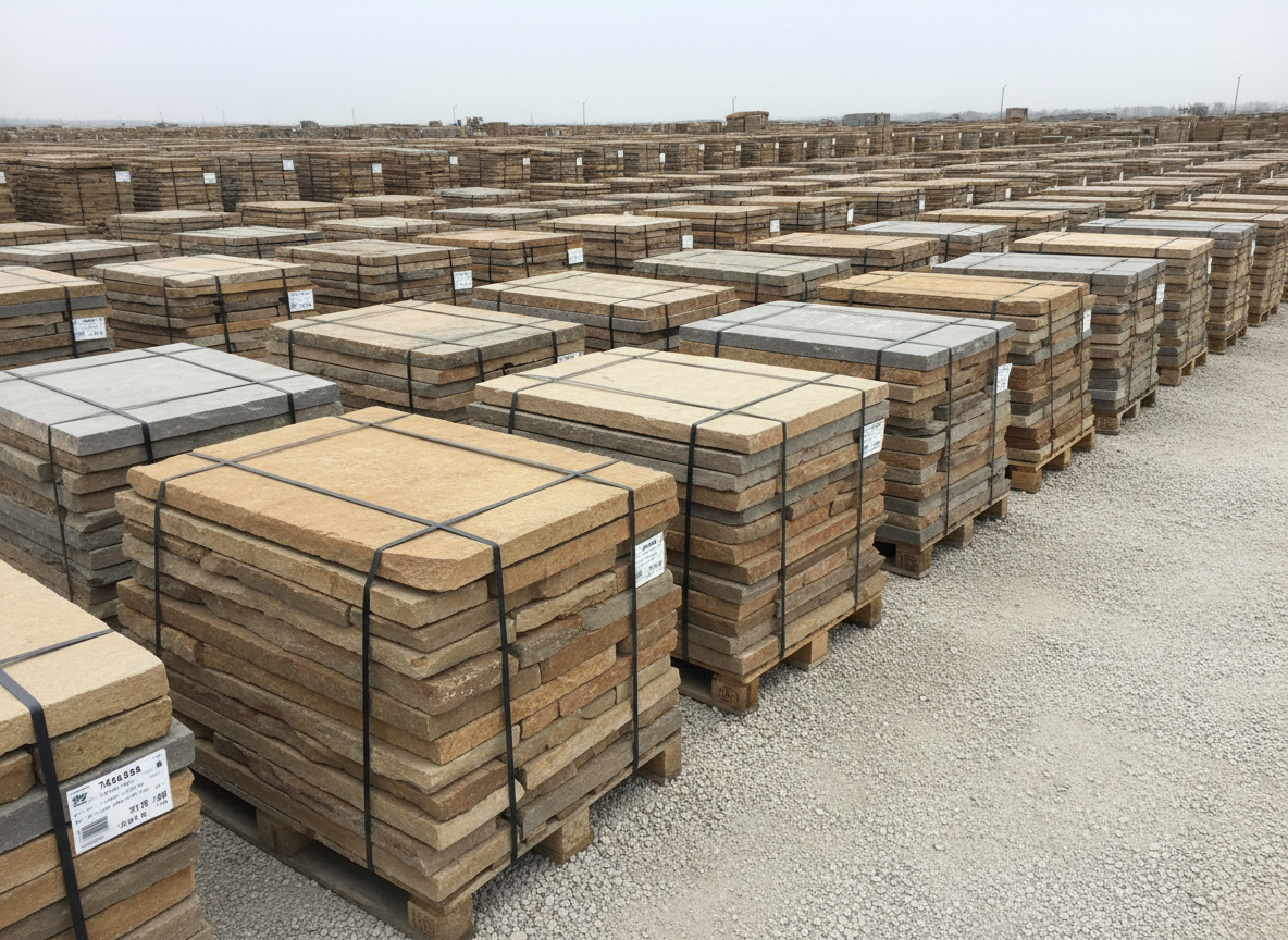 A photographic realism image of neatly stacked pallets of natural stone slabs from Taza in an orderly outdoor storage yard. The slabs display varied earth tones—sand, taupe, and gray—with rough, split faces visible on some edges and smooth sawn faces on others. They are strapped and labeled on robust wooden pallets, aligned in long rows on a clean gravel ground. Clear, slightly overcast daylight provides even, neutral lighting with soft shadows beneath the pallets, emphasizing material abundance and reliability. Shot from eye level with deep focus, the composition leads the eye along the rows of stone, conveying professionalism, large stock availability, and readiness for sale by square meter.