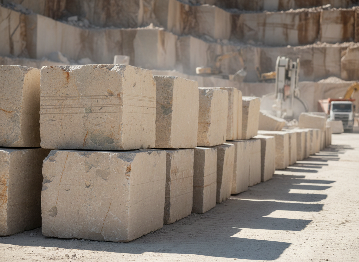 A rugged, photographic realism scene of freshly quarried Taza natural stone blocks in an open quarry setting. Massive, rectangular blocks with rough, broken surfaces and visible drill lines are stacked on a dusty, pale ground, their natural beige-gray tones contrasting with streaks of mineral color. The distant quarry wall and equipment are present but softly blurred, keeping attention on the stone. Late-morning sunlight from the right creates defined but not harsh shadows, revealing the solid volume and granular texture of each block. Shot from a slightly low angle with deep focus, the mood is robust and industrial yet controlled, underlining origin, authenticity, and extraction quality.