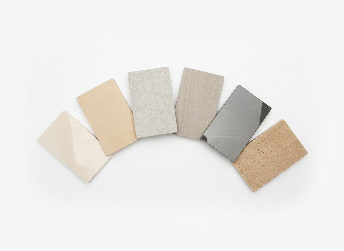 A minimalist product presentation of Taza natural stone samples for a professional website, photographic realism. Several rectangular stone pieces fan out slightly on a pristine white background, each showing different finishes: polished with subtle reflections, honed matte, finely sandblasted, and brushed with a soft relief. Colors range from light ivory to medium gray-beige. Overhead, neutral studio lighting ensures accurate color rendering with almost no harsh shadows, highlighting surface variations. The composition is centered and balanced with generous negative space around the samples for future text integration. The atmosphere is clean, technical, and trustworthy, ideal for a page explaining finishes and surface treatments.