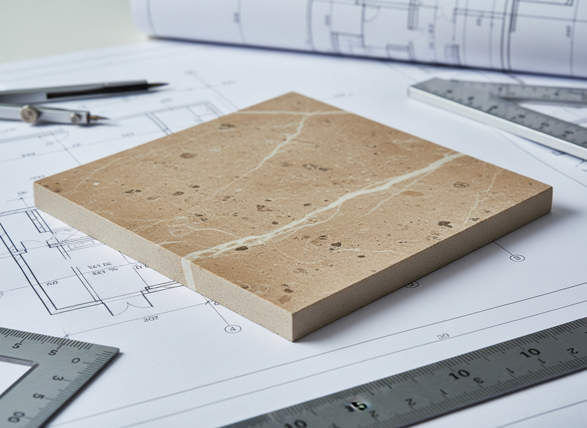 A precise, photographic realism detail of a single Taza natural stone tile, square format, placed on a technical drawing table. The stone shows a warm, beige background with subtle fossil-like specks and fine veins, its edges cleanly cut and thickness clearly visible. Around it lie blurred measuring tools, a metal ruler, and a corner of a blueprint, suggesting architectural planning without becoming the main focus. Cool, controlled studio lighting from above creates minimal reflections, allowing the stone’s natural texture to stand out. Shot from a slightly elevated angle with shallow depth of field, the mood is technical, rigorous, and professional, perfect for communicating format precision and specification work.