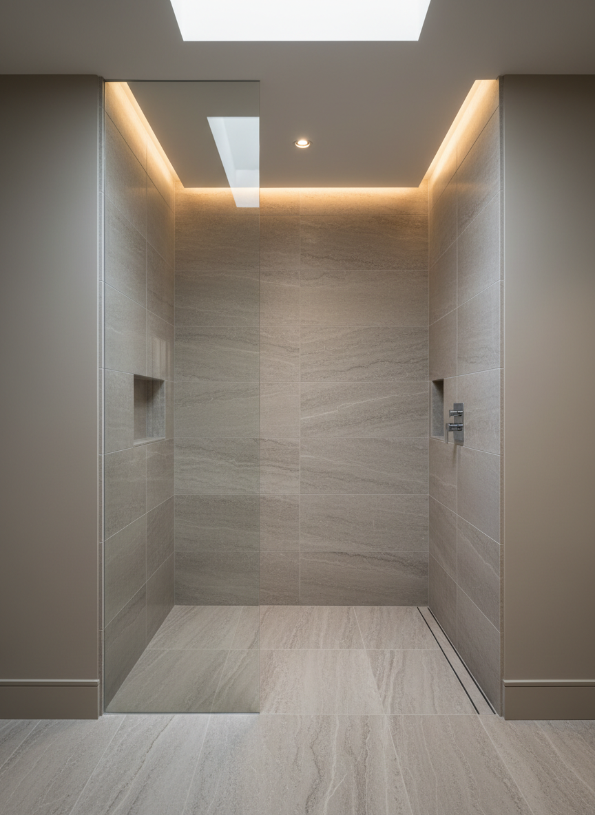A high-end bathroom interior featuring a spacious walk-in shower completely clad in natural Taza stone, with large rectangular slabs on both walls and floor. The stone is a soft gray-beige with refined, continuous veining that aligns across joints, emphasizing quality installation. Neutral walls and a frameless glass partition are present but softly blurred, keeping the focus on the stone surfaces. Natural skylight from above and subtle recessed lighting create gentle highlights on the slightly honed, low-sheen finish, with soft shadows in corners. Photographic realism from a slightly elevated, wide-angle viewpoint creates a clean, luxurious, and professional atmosphere, ideal for showcasing natural stone applications in wet areas.