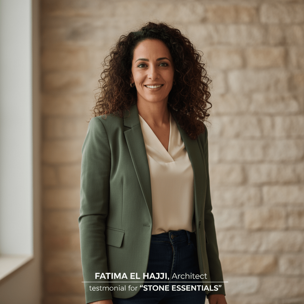 Portrait photo of a Moroccan woman in her 30s wearing smart casual work clothes, neutral background, soft natural light, friendly but professional expression, suitable for a testimonial on a natural stone company website