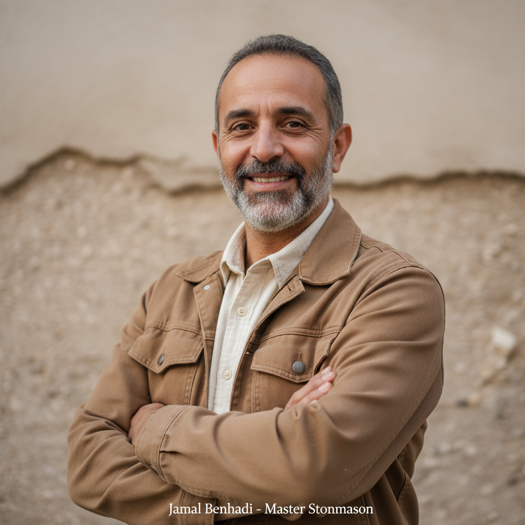 Portrait photo of a Moroccan man in his 40s wearing a light shirt and work jacket, neutral background, soft natural light, confident but approachable expression, suitable for a testimonial on a natural stone company website
